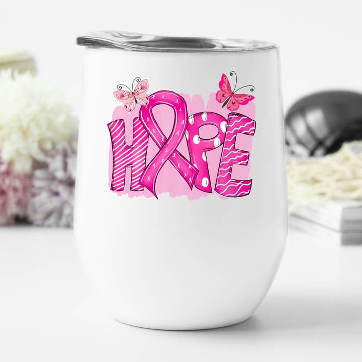 Hoffe Schmetterlinge Brustkrebsbewusstsein Weinbecher für den Großhandel von Perfectly Diverse Trendz, LLC