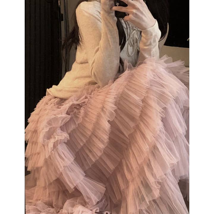 Sweetkama - Wholesale Skirt - Women's - Ladies Solid Color Ruffle Guazy Midi Skirt SKS41176