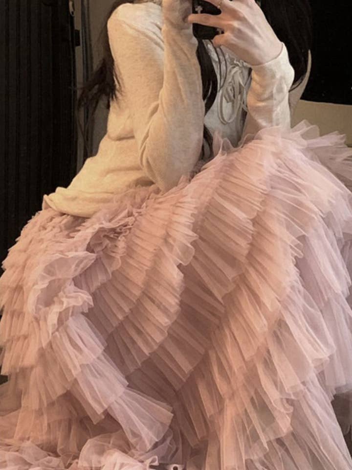 Ladies Solid Color Ruffle Guazy Midi Skirt SKS41176 for wholesale by Sweetkama