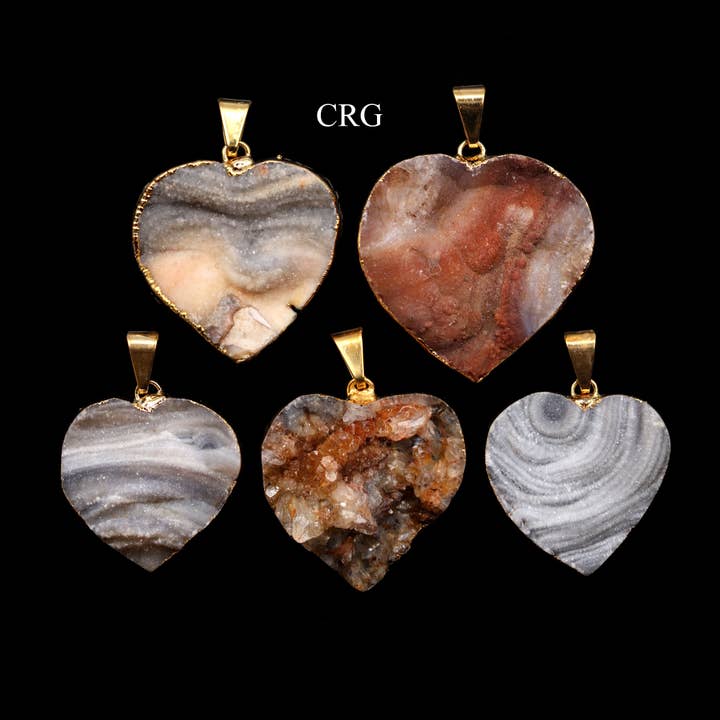 QTY 1 - Chalcedony Agate Druzy Heart Pendant w/ Gold Plating for wholesale by Crystal River Gems LLC