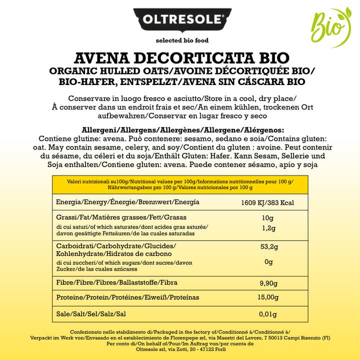 Oltresole - Wholesale Oats - Organic Helled Oats 5 Kg