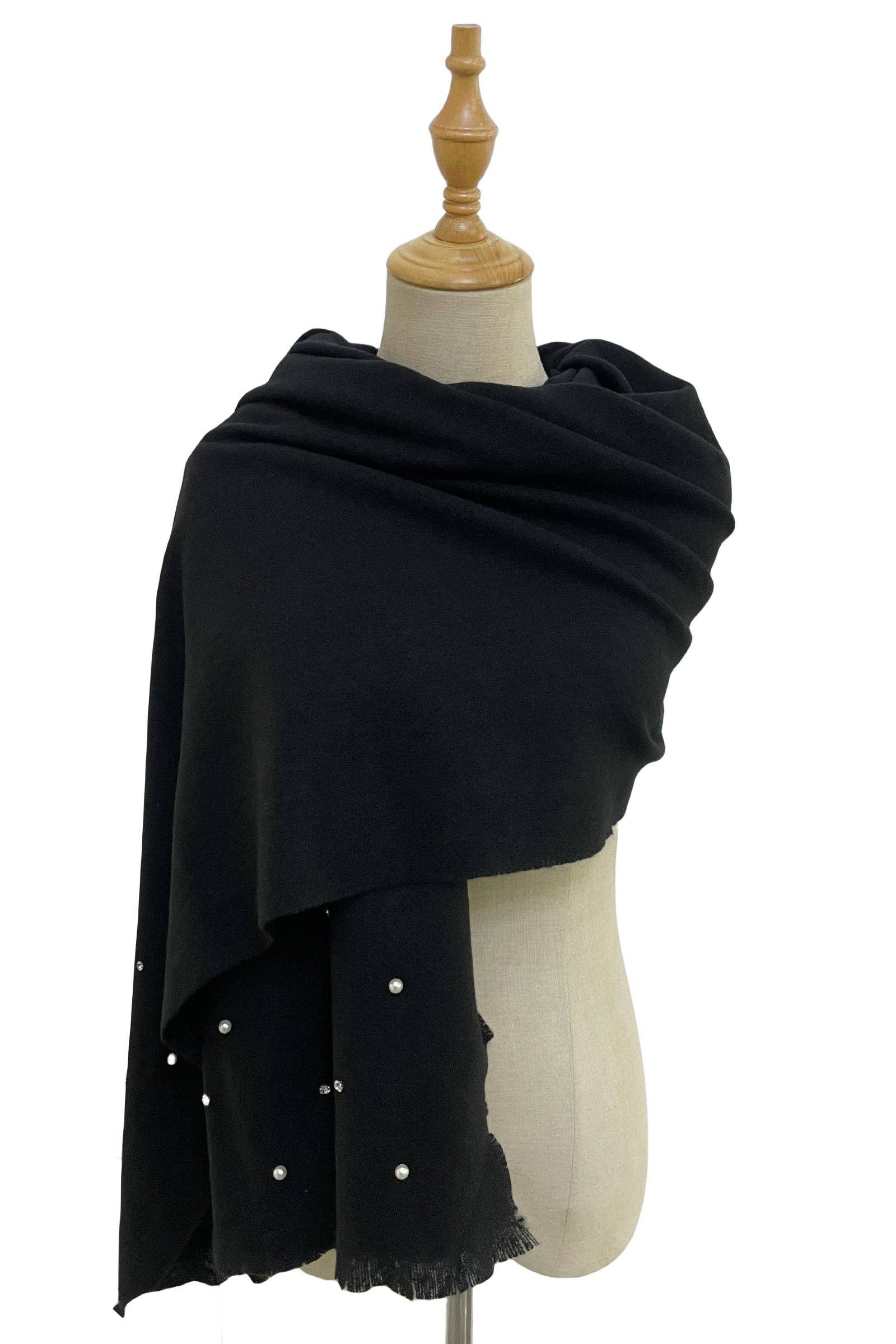Fashion Scarf World - Wholesale Scarf - Women's - Pearl and Diamante Plain Wool Frayed Scarf32