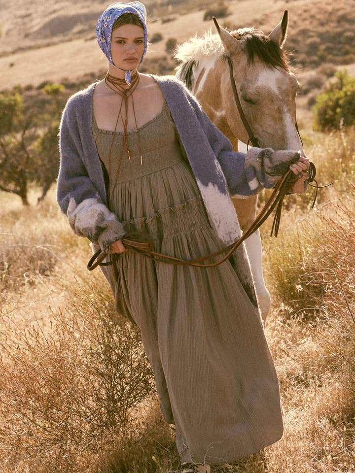 Vestido Camponês Comprido com Textura de Risca Tonal e Smokado por atacado de Promesa USA