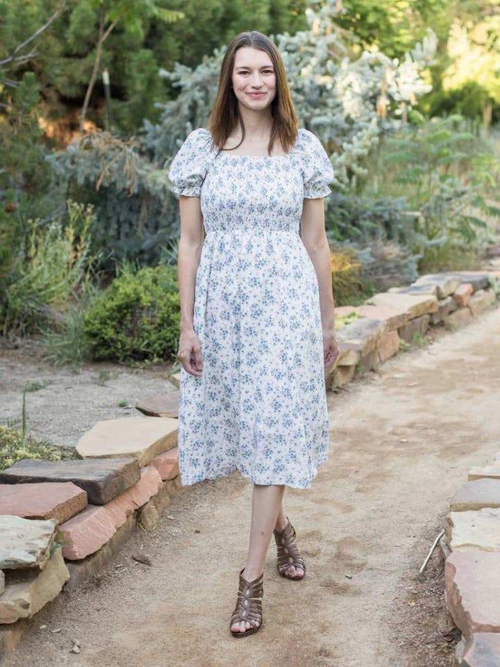 Ella Midi Blue Floral Dress for wholesale by Peony Alley