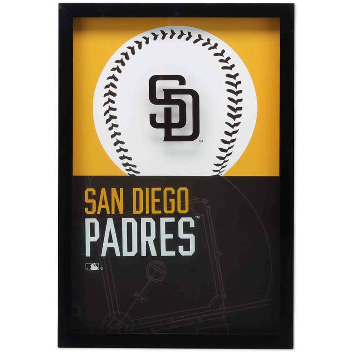 San Diego Padres Logo Baseball & Diamond Framed Glass Sign for wholesale by Open Road Brands, LLC