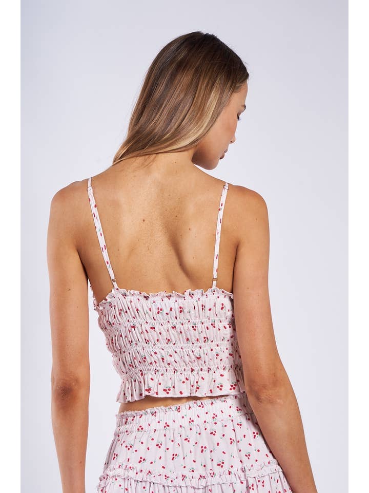 CHERRY PRINT SWEETHEART SMOCKED BODY CROP TOP for wholesale on Faire