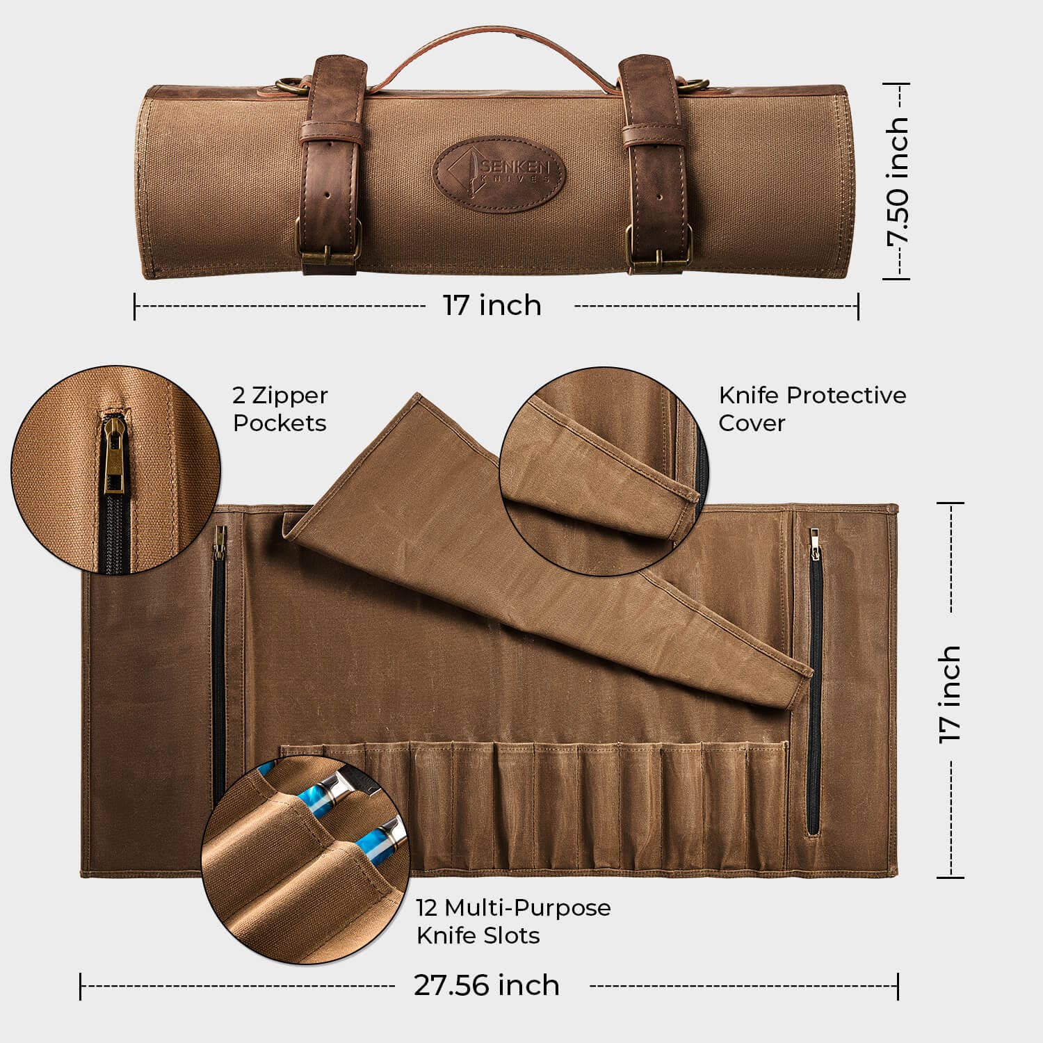 Senken Knives – wholesale Knife storage – Leather Oil-Waxed Chef Knife Roll Bag with Shoulder Strap7