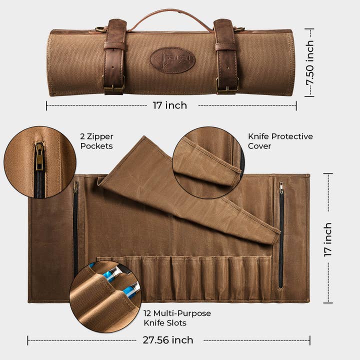 Senken Knives – wholesale Knife storage – Leather Oil-Waxed Chef Knife Roll Bag with Shoulder Strap7