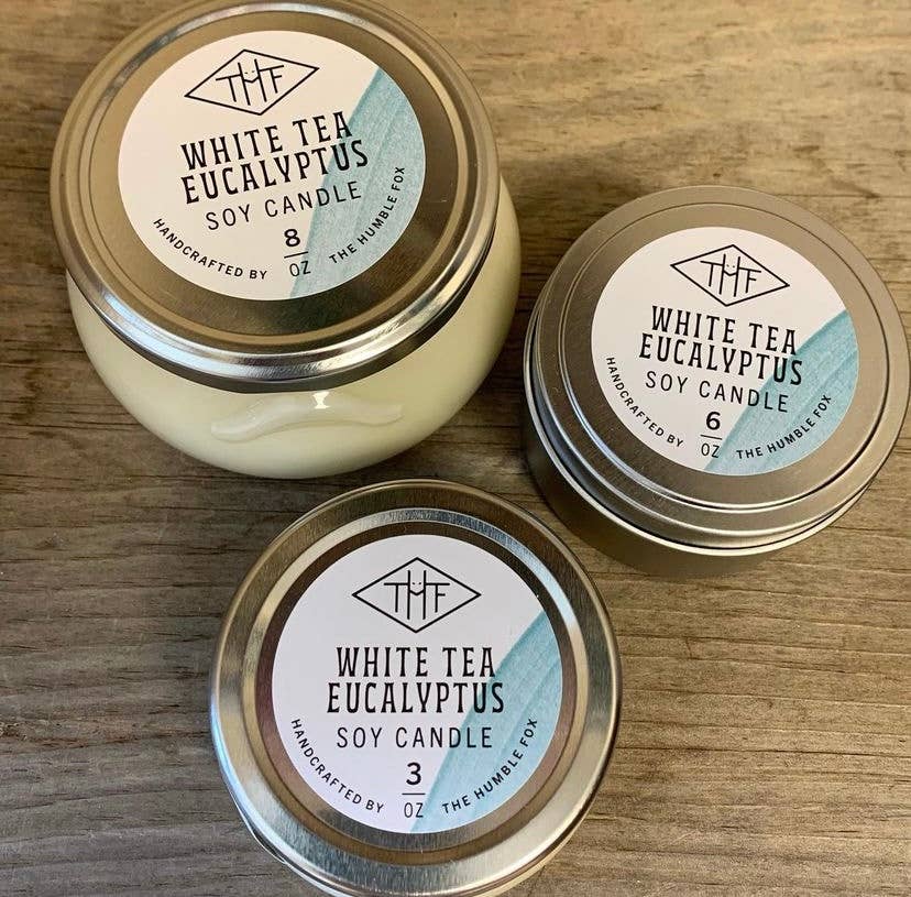 The Humble Fox Candle Co. - Wholesale Travel Candles - White Tea Eucalyptus Soy Candle - 6oz Tin1