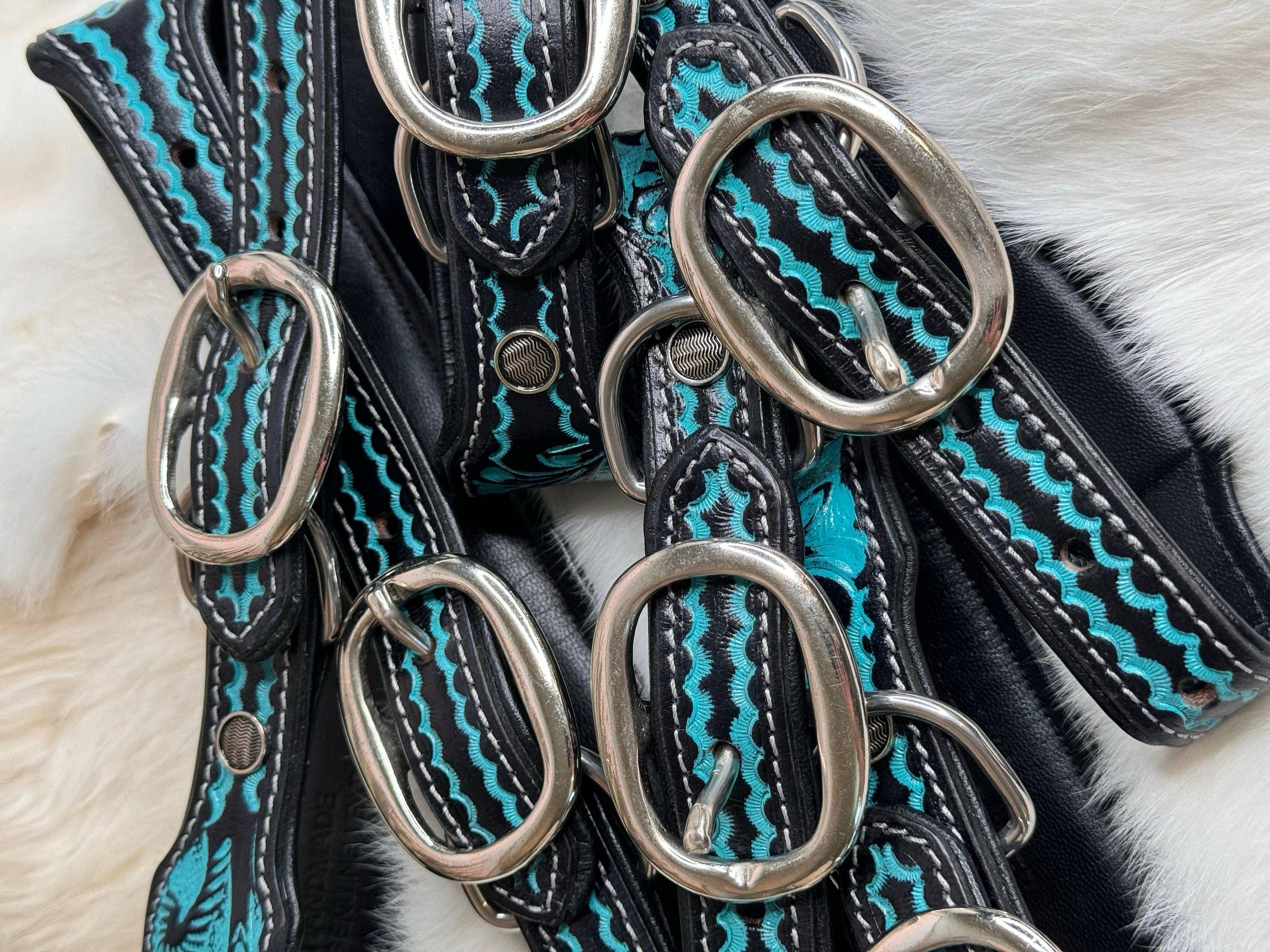 The Sterling Gypsy - Wholesale Pet Collar - Dog - Turquoise Tooled Leather Western style Dog Collar, Show Dog, Farm Dog, Cow Dog, Cattle Dog1
