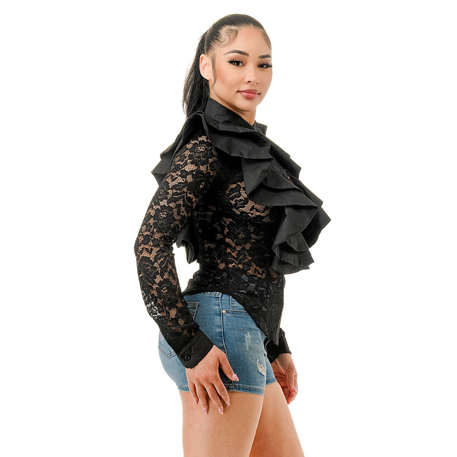 DORCAS - Wholesale Blouse - Women's - Plus Long Sleeve Ruffle Trim Lace Blouse Top1