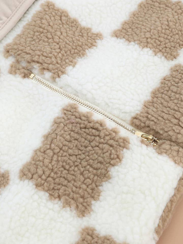 Brown Checked Snap Button Sherpa Jacket for wholesale on Faire9