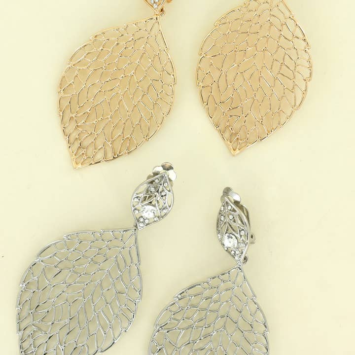 SP Sophia Collection - Wholesale Clip-On Earrings - 2 Tier Filigree Leaves Clip On Earrings