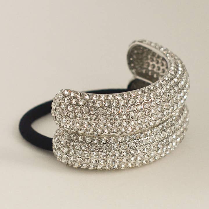 Pave Stone Metal Double Cuff Ponytail Hair Tie | Silver for wholesale by nar'sha