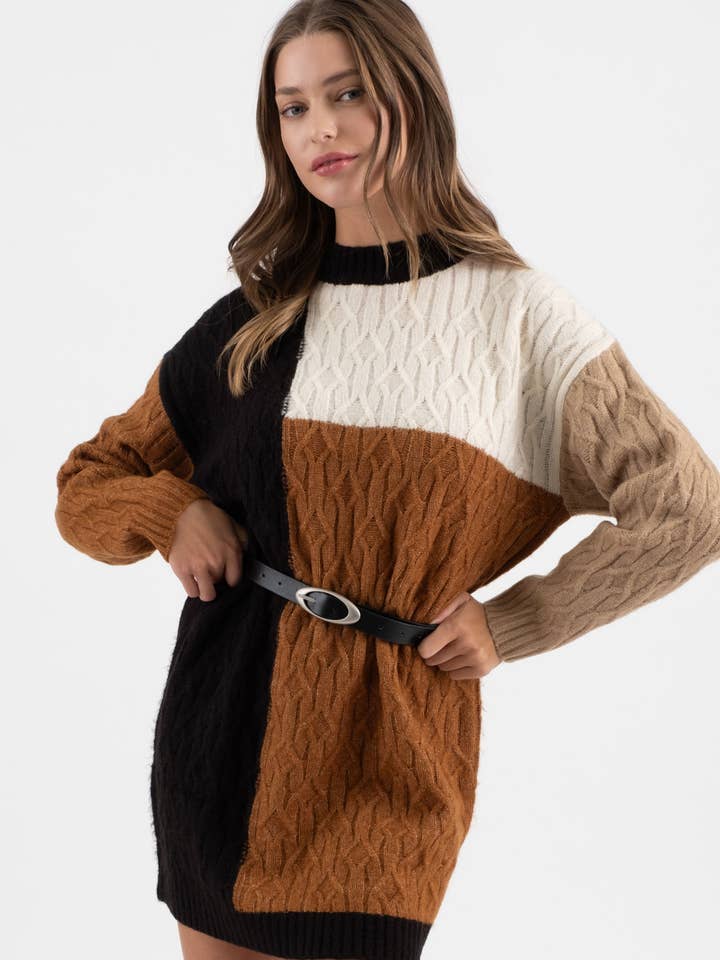 Blu Pepper - Wholesale Dress - Women's - COLORBLOCK CREWNECK LONG SLEEVE KNIT SWEATER DRESS