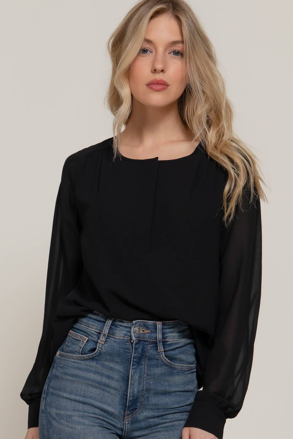 Active Basic | Active USA - Wholesale Blouse - Women's - Long Sleeve Round Neck with Hidden Placket Chiffon Blouse0