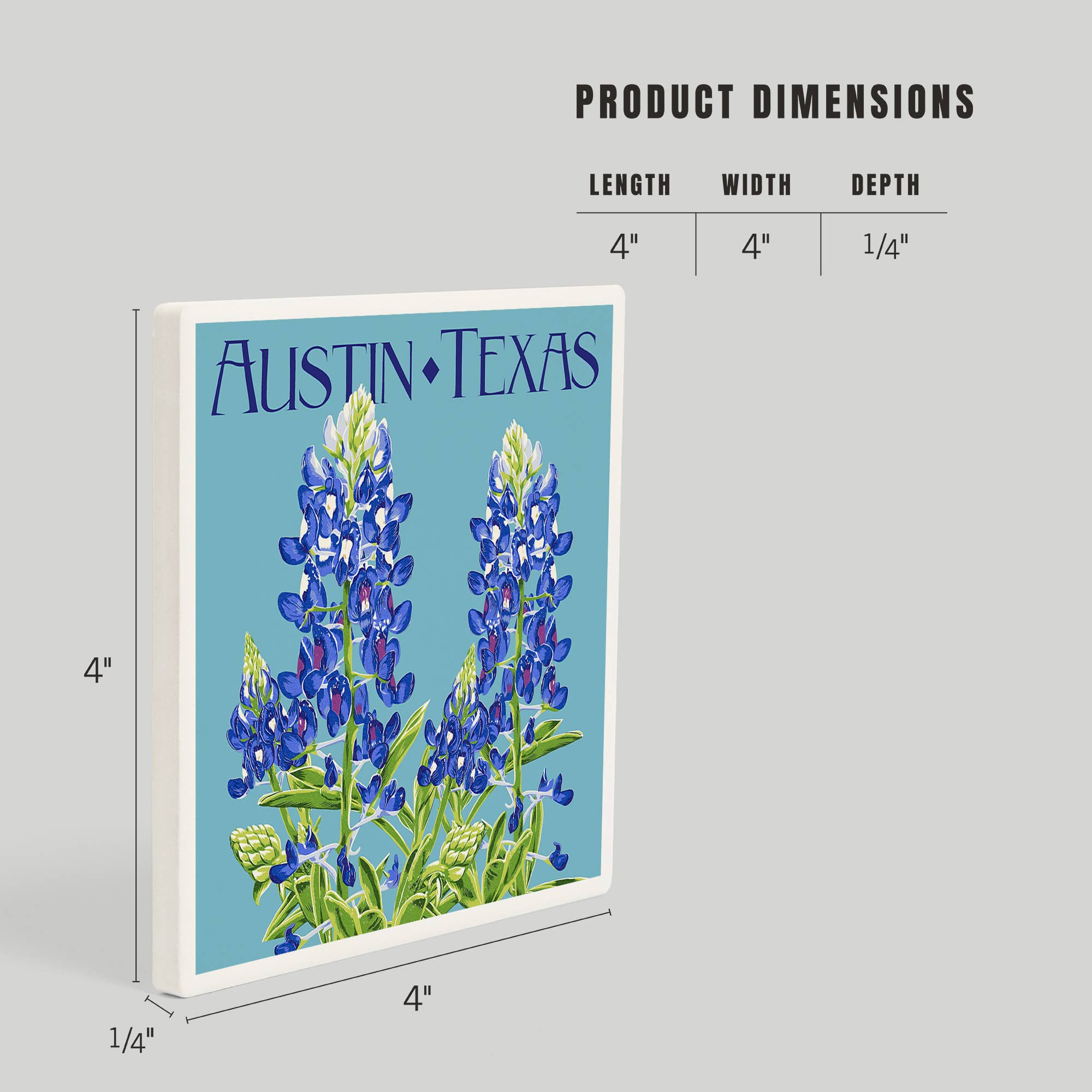 Lantern Press - Wholesale Coasters - CERAMIC COASTER Austin, Texas, Bluebonnet, Letterpress4