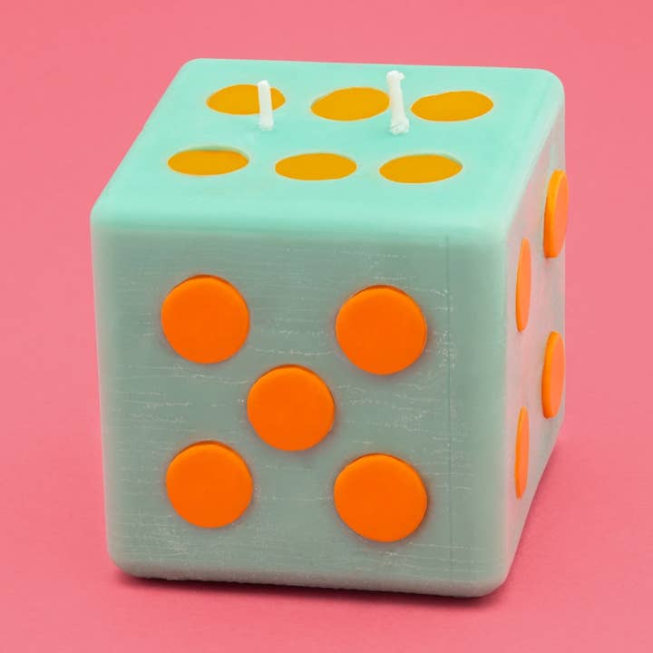 Monopoly x Flamingo Candles Roll the Dice Mint Green & Orange Pillar Candle for wholesale by Flamingo Candles
