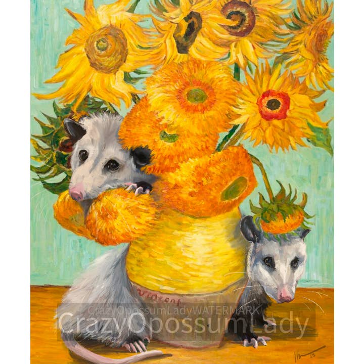 Print : Vincent Van Gogh Yellow Flowers Sunflowers Opossum for wholesale by The Crazy Opossum Lady