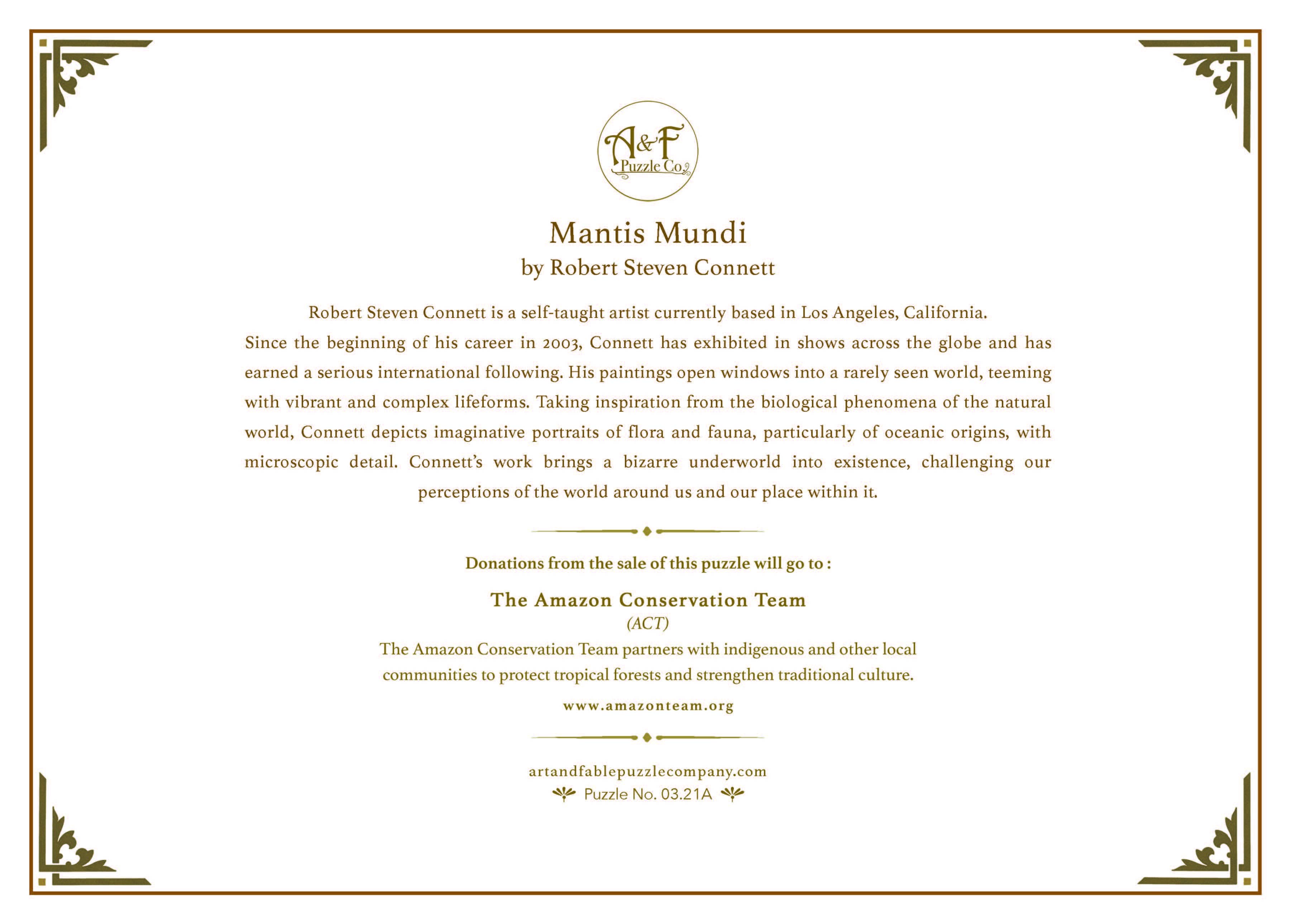 Art & Fable Puzzle Company, LLC - Vente Puzzle – adulte - Mantis Mundi, Puzzle Velout-Touch 1000 pièces2