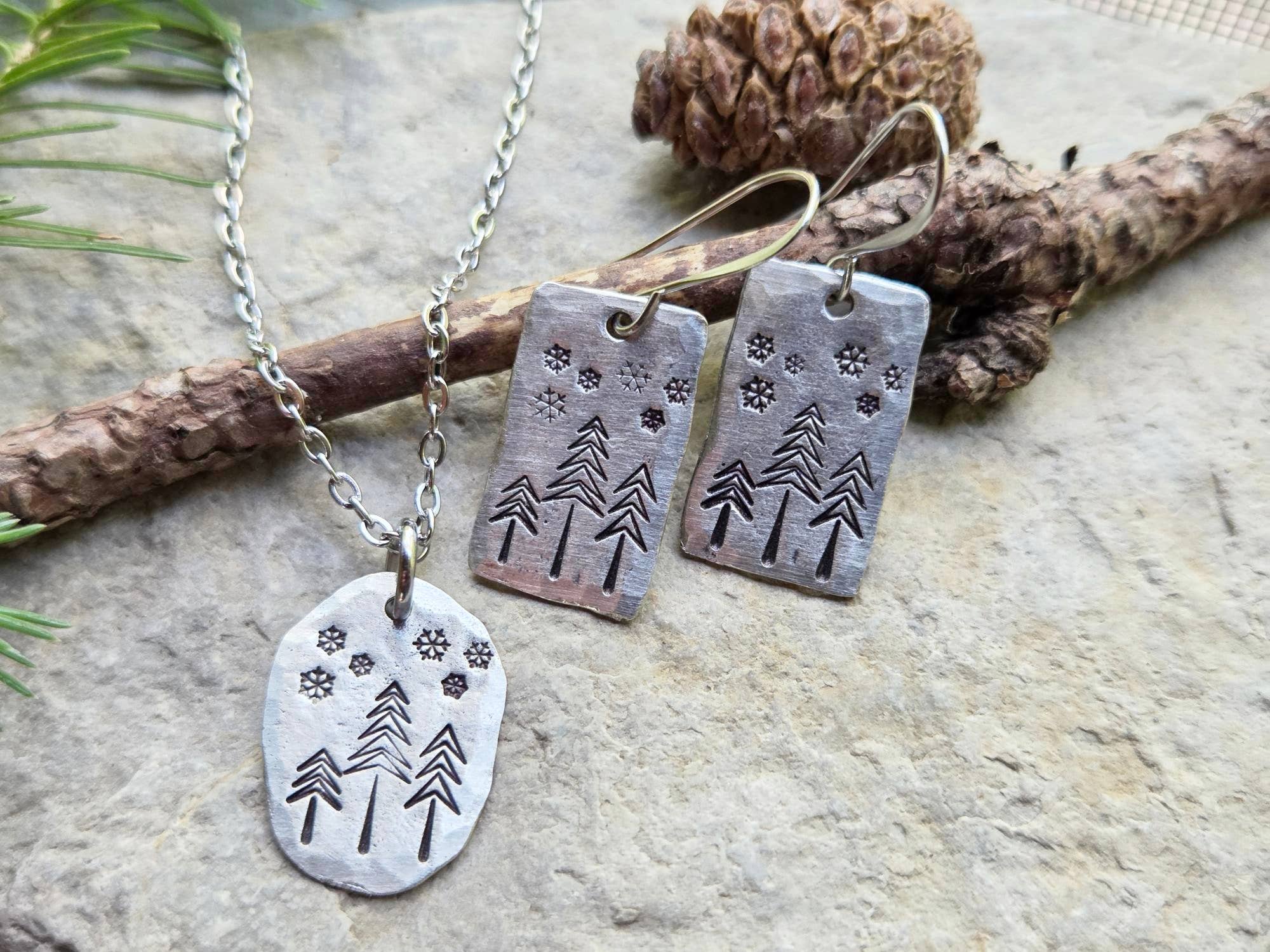 Kathryn's Collection - Wholesale Dangle Earrings - Winter Pine Tree Earrings, Christmas, Hand-Stamped Pewter8