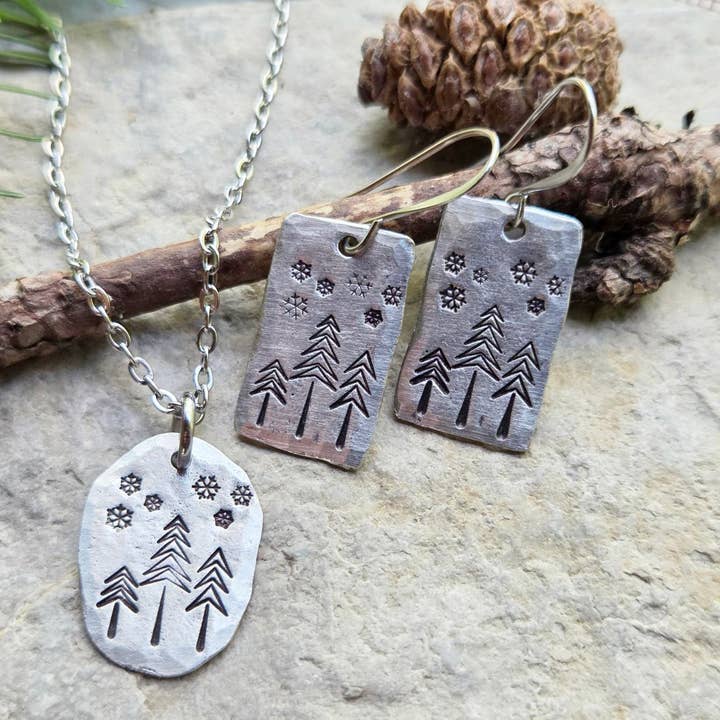 Kathryn's Collection - Wholesale Dangle Earrings - Winter Pine Tree Earrings, Christmas, Hand-Stamped Pewter8