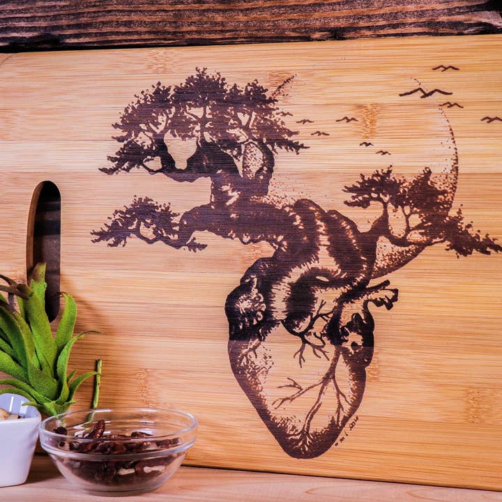 Heart with Trees Engraved Bamboo Cutting Board for wholesale by Rustic Cedar Co