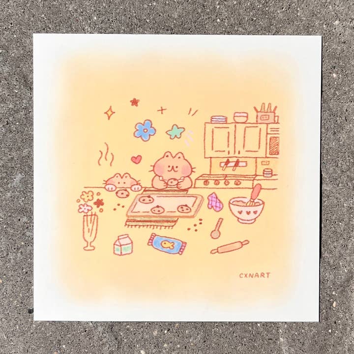 cozy cats baking art print for wholesale by cxnart