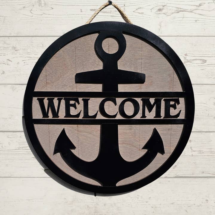 Nautical Anchor Welcome Sign – Gray Wood with Blue Anchor for wholesale by Southcoast Lasersmith