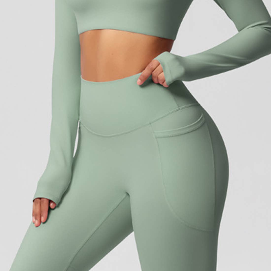 Sodalemon - Wholesale Activewear Set - Women's - Women High-Waist Yoga Set:Cropped Long Sleeve Top + Leggings17