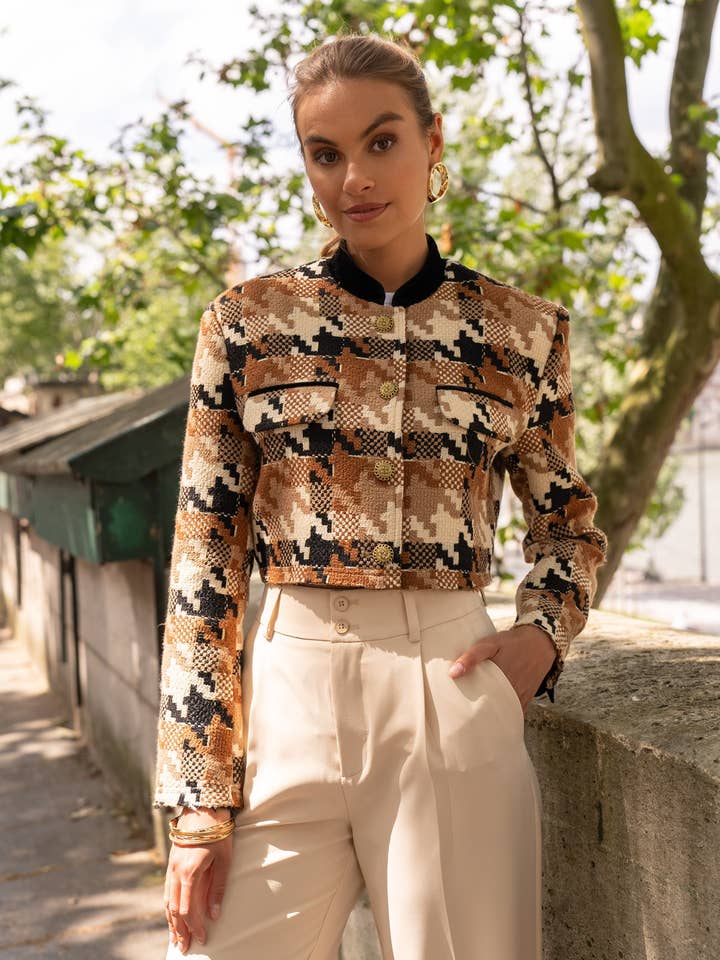 Camel print tweed cropped blazer jacket with velvet collar for wholesale by Attentif Paris