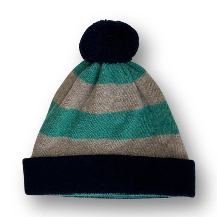 Merino Jade Navy Stripe Beanie Hat for wholesale by Penny Grace Knitwear