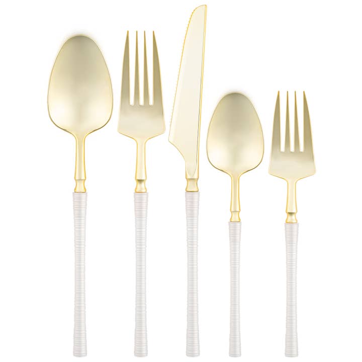 Ribbed Collection Pearl and Gold Plastic Flatware - 20 Count for wholesale by Posh Setting
