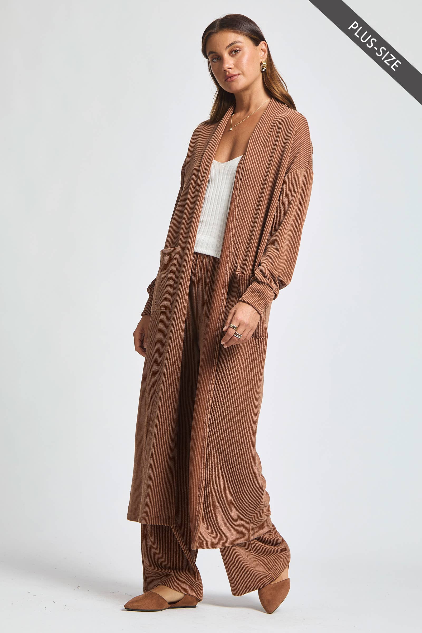 Dear Scarlett - Wholesale Top & Pant Set (NOT Loungewear) - Women's - PLUS SIZE Longline Cardigan + Relaxed Pants 2 Piece Set16