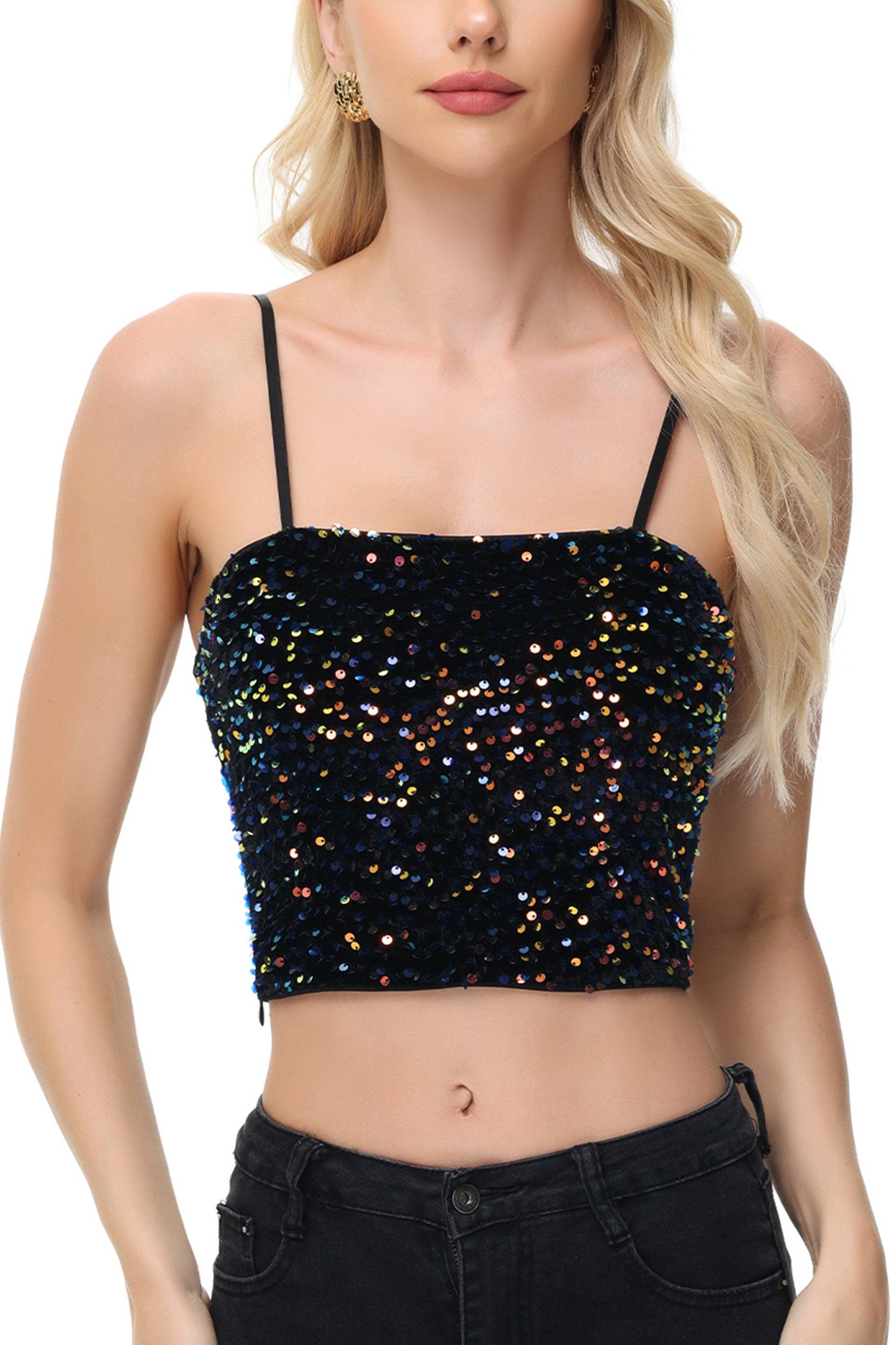 Anna Kaci Wholesale - Wholesale Camisole - Women's - Sparkly Sequin Cami Tops Crop Club Party Glitter Spaghetti37