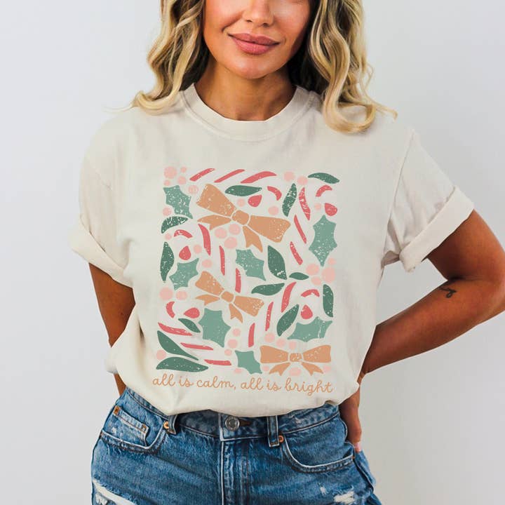 Scripted Pearl - Wholesale Screen Printed T-Shirt - Women's - All Is Calm All Is Bright Comfort Colors Christmas T Shirt10