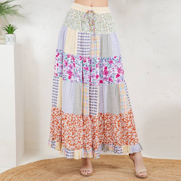 Young Threads - Wholesale Skirt - Women's - Artisan Boho Mixed Print Tiered Patchwork Maxi Skirt (NEW)1