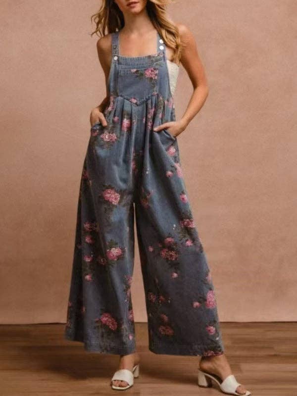 Blue Floral Print Denim Overalls Women Sleeveless Jumpsuit N5A107 for wholesale on Faire3