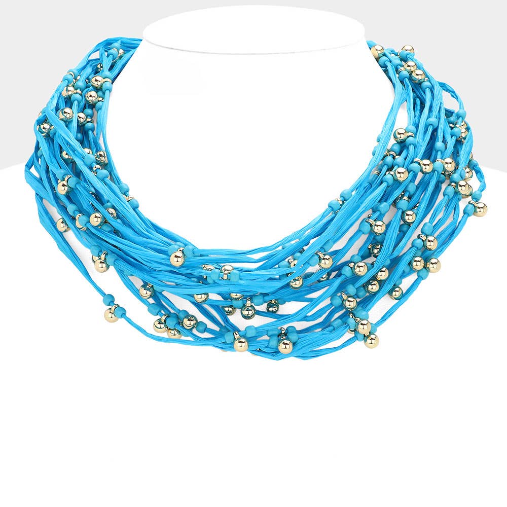 Sensibling Corp. - Wholesale Bib Necklace - Metal Ball Beads Pointed Raffia Thread Multi Layered Necklace2