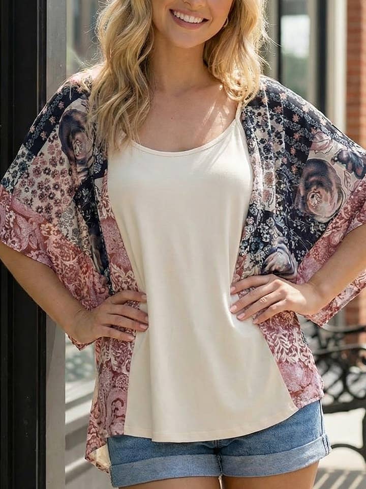 FLORAL PRINT WIDE SLEEVE OPEN KIMONO for wholesale by ROUSSEAU