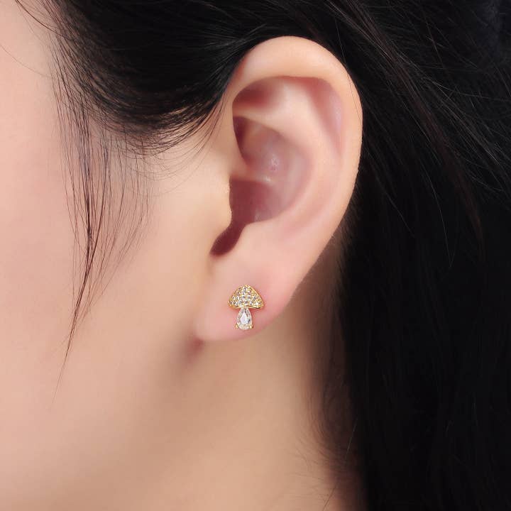 Aim Eternal - Wholesale Stud/Post Earrings - 24K Gold Filled CZ Paved Mushroom Stud Earring | AB-1241