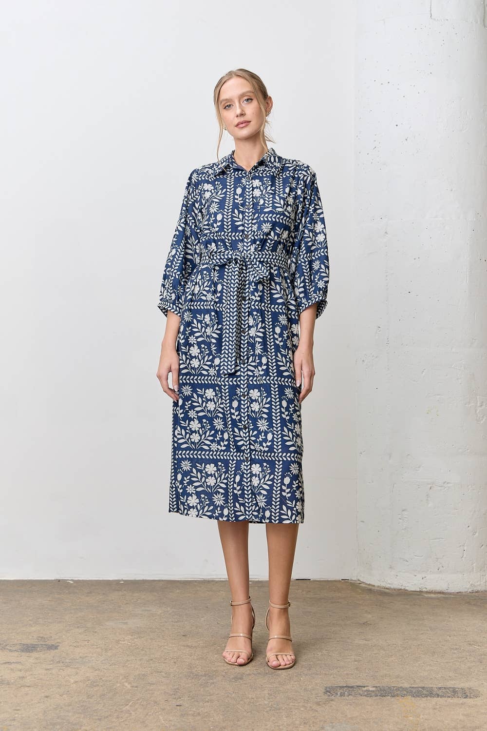 Polagram by Wellmade USA - Wholesale Dress - Women's - BORDER FLORAL PRINT SHIRT DRESS1