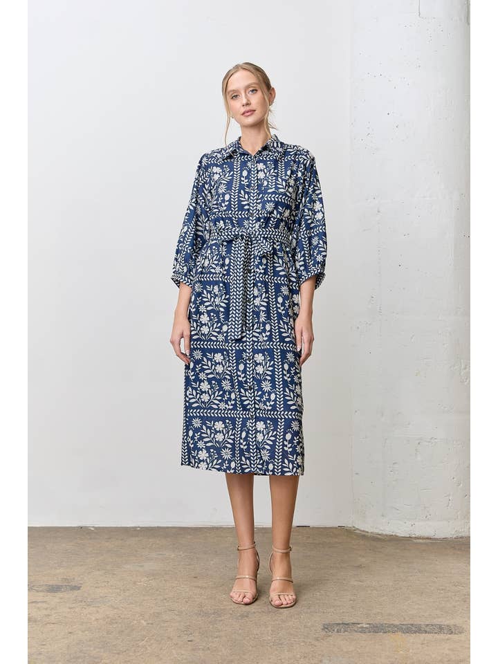 Polagram by Wellmade USA - Wholesale Dress - Women's - BORDER FLORAL PRINT SHIRT DRESS1