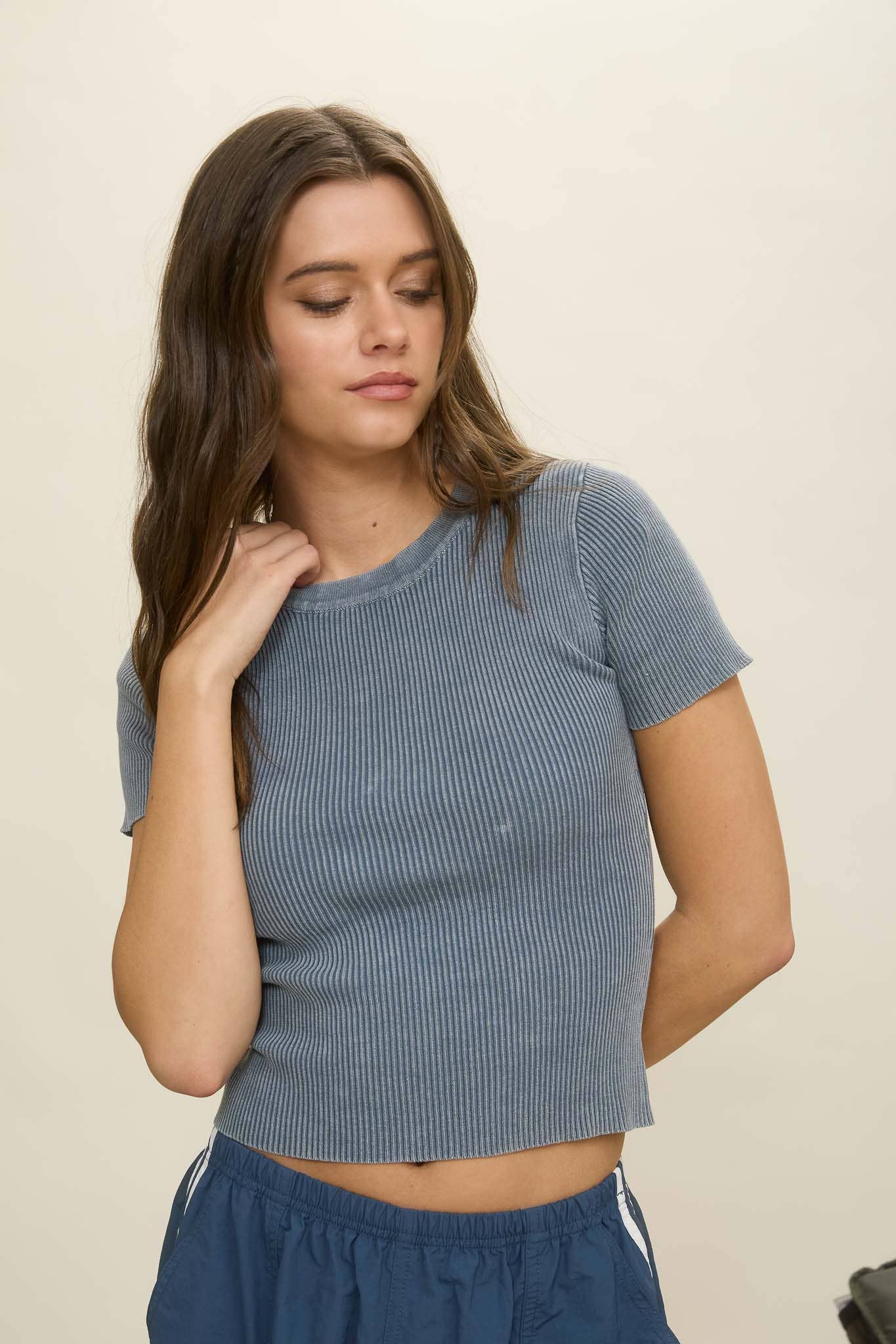 J.O.A - Wholesale Knit Top - Women's - WASHED RIBBED SHORT SLEEVE CROPPED KNIT TEE2