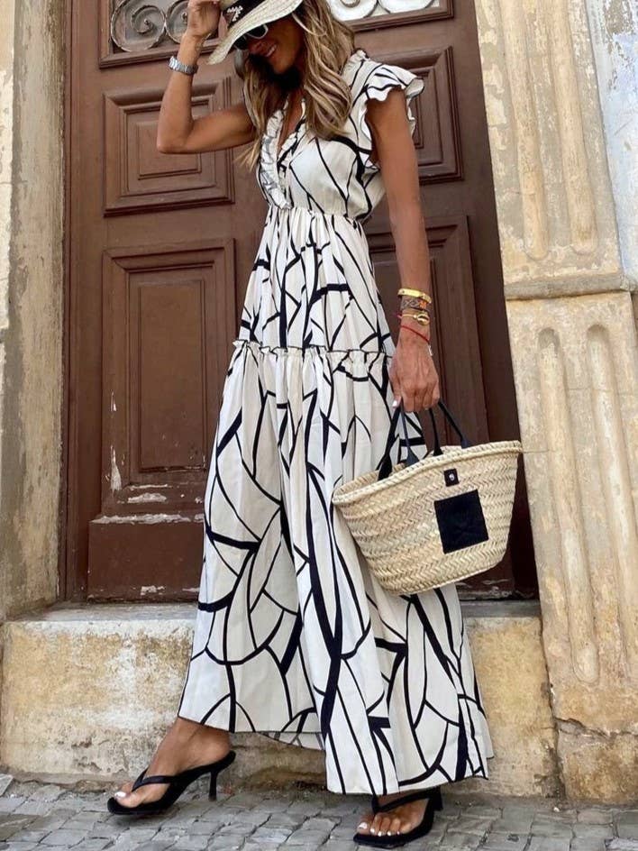 Geometric Print Sleeveless V-Neck Ruffled Maxi Dress for wholesale by Rosa Clothing