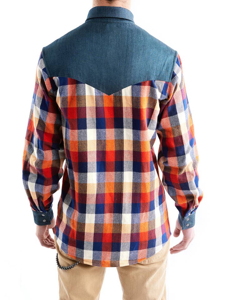 Amy Page DeBlasio - Wholesale Button Down Shirt - Men's - Western Shirt in Orange Checked Flannel and Denim