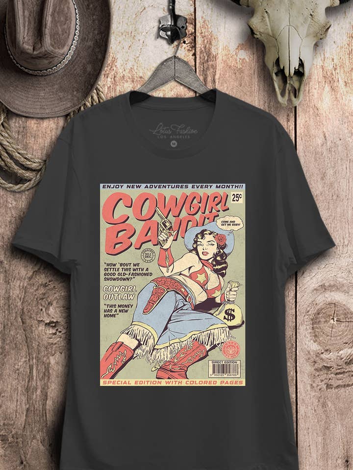 Lotus Fashion Collection - Vendita all'ingrosso Maglietta serigrafata - Donna - Top grafico retrò western da bandita cowgirl2