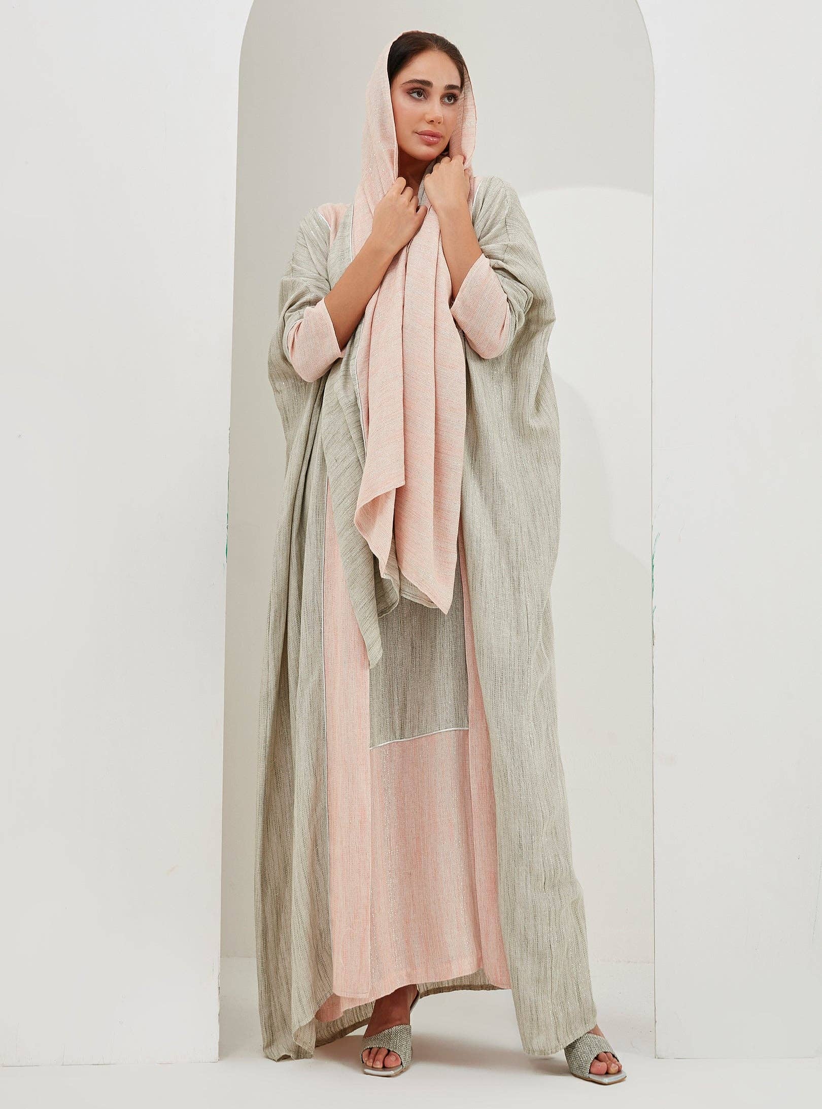 Store WF – wholesale Kaftan – Women's – Linen Cotton Silver Glitter Three Pice Abaya Set14