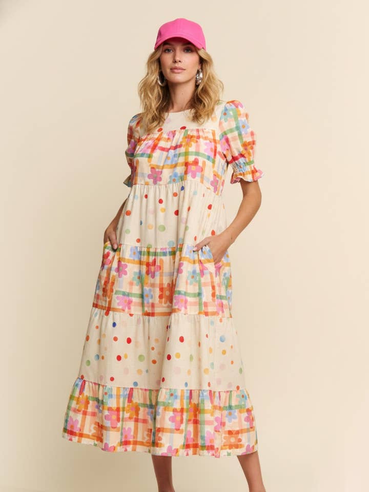 Flerfarvet blomstret lagdelt kjole for engroshandel hos J.NNA