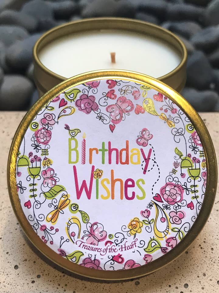 Bougie BIRTHDAY WISHES Hearts en étain doré pour la vente par Treasures of the Heart